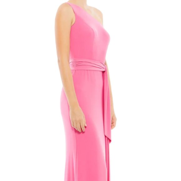 MAC DUGGAL 26581 STRETCH JERSEY ONE SHOULDER BELTED TRUMPET CANDY PINK GOWN sz 4 - Picture 2 of 8